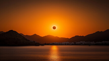 Wall Mural - stunning sunset with solar eclipse over calm lake and mountains in the background
