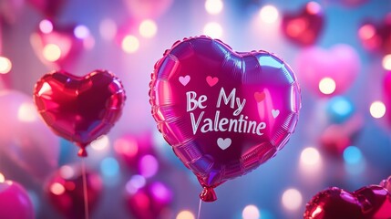 Poster - Heart-shaped balloons fill the background, featuring the phrase Be My Valentine. The vibrant colors create a romantic atmosphere, perfect for celebrating love on Valentine's Day.