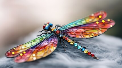 Wall Mural - Colorful Stained Glass Dragonfly Sculpture on Soft Grey Background