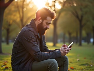 Sticker - Bearded man sits in a park, focused intently on smartphone with sun shining through the trees in background. Peaceful setting highlights the blend of technology