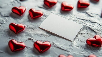 Poster - Red hearts scattered around a blank card create a romantic atmosphere on a textured surface. Perfect for personal messages or expressions of love, this arrangement evokes warmth and affection.