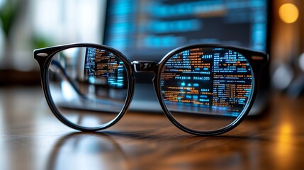 Code in Focus: A close-up shot of eyeglasses reflecting lines of code from a laptop screen, symbolizing the intricate world of software development and technological innovation. 