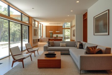 Leinwandbilder - A stylish modern living room featuring floor-to-ceiling windows, a contemporary gray sofa, sleek wooden furniture, and elegant decor in a spacious open layout.