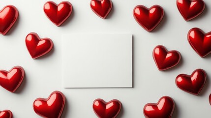 Poster - Bright red heart shapes are arranged around a blank square piece of paper. The scene evokes feelings of love and affection, suitable for romantic notes or special occasions.