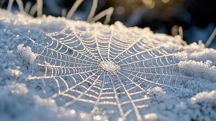 Detailed image ice crystals forming a spider web-like pattern on a frosted surface