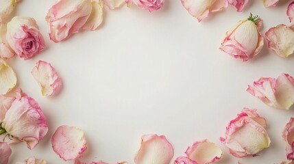 Poster - Delicate pink rose petals are arranged on a light surface, creating a charming and romantic setting. The gentle hues of the petals invite a tranquil and serene mood, perfect for special occasions.