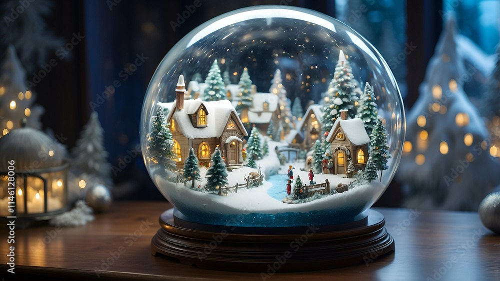Inside a Glistening Glass Globe A Magical Winter Village Scene Stock ...