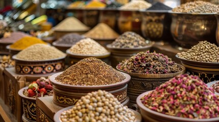 Wall Mural - Assorted spices and grains displayed in traditional market bowls