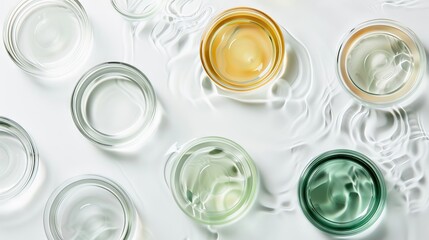 Wall Mural - laboratory glassware and petri dishes floating on water surface with organic skin care and natural m