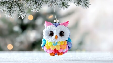 Wall Mural - Colorful owl Christmas ornament hanging on snowy tree branch.