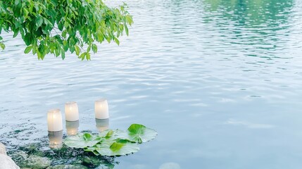 Canvas Print - Three candles float on lily pads in calm water near a tree.