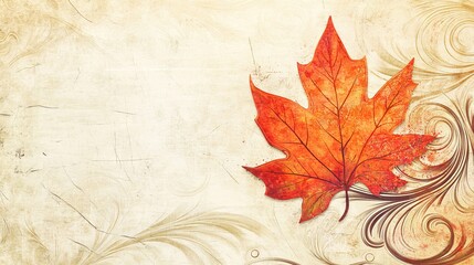 Wall Mural - elegant autumn leaf illustration with whimsical swirls and lined textured background, ample copy spa
