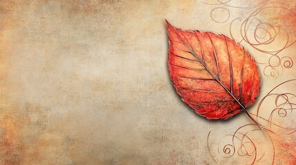 Wall Mural - elegant autumn leaf illustration with whimsical swirls and lined textured background, ample copy spa