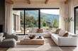 © ChaoticMind - A sleek and contemporary living room with plush seating, expansive windows, and light tones offering a seamless transition to the lush outdoor landscape.