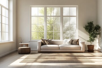 Leinwandbilder - A cozy minimalist living room with a large sofa and plentiful natural light from big windows, accented with simple decor for a calm and tranquil feeling.