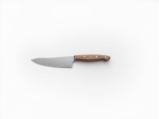Sharp kitchen knife with wooden handle lying on white background
