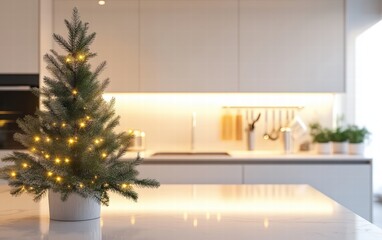 A bright modern kitchen with a potted Christmas tree on the counter and soft golden lights