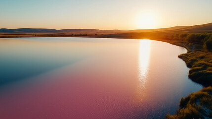 Wall Mural - beautiful sunset reflecting on calm lake surrounded by hills and vibrant landscape in serene natural