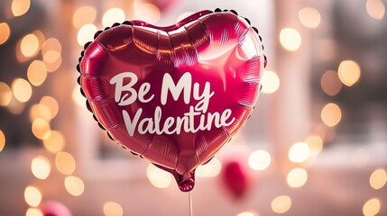 Poster - A vibrant heart-shaped balloon with the words Be My Valentine prominently displayed. The background features soft, warm lights, creating a festive atmosphere perfect for a romantic celebration.