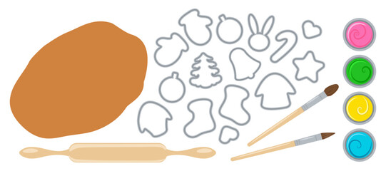 Set for home baking and coloring delicious holiday traditional cookies. Rolling pin, rolled out dough, molds, bright colors, brushes. Vector elements isolated on the background.