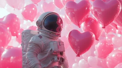 An astronaut stands among a multitude of pink heart-shaped balloons, creating a playful and surreal atmosphere. The vibrant colors evoke a sense of wonder and creativity in a dreamlike environment.