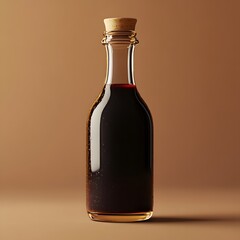 Wall Mural - A glass bottle filled with dark liquid, featuring a cork stopper, set against a warm, neutral background.