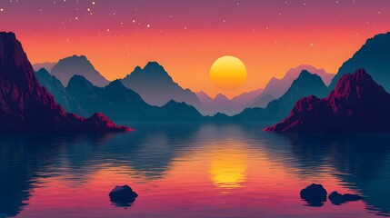 Wall Mural - A serene sunset over mountains reflects on a calm lake, with vibrant colors blending in the sky and water, creating a tranquil atmosphere.