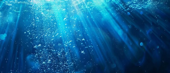 Canvas Print - blurry blue water surface with shimmering bubbles and gentle splashes, illuminated by sunlight, crea