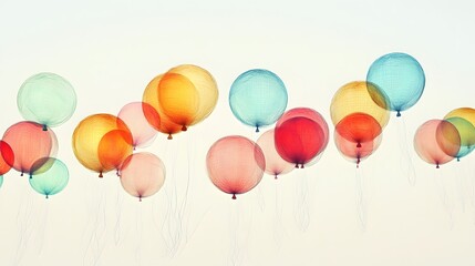 A group of colorful balloons floating in the air, outlined in lines