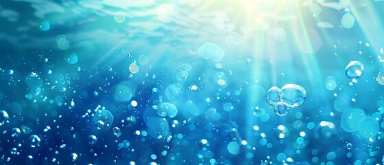 Wall Mural - blurry blue water surface with shimmering bubbles and gentle splashes, illuminated by sunlight, crea