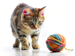 Wall Mural - Wide-Angle Photo: Playful Cat Hunting Wool Ball, Isolated White Background, Selective Focus