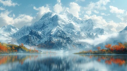 a mountain range with a lake in the foreground