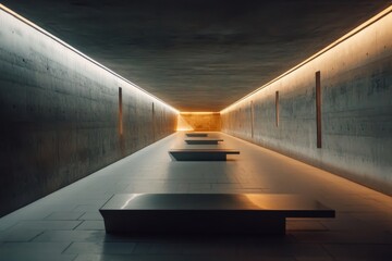 Poster - A modern, minimalist corridor featuring sleek benches and ambient lighting, creating a serene and futuristic atmosphere, perfect for architectural photography enthusiasts.