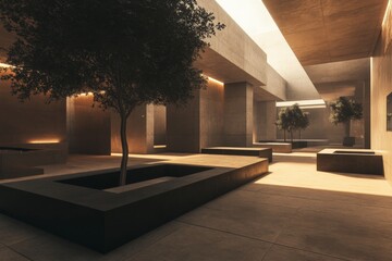 Aufkleber - Sleek modern architecture bathed in warm sunlight, featuring indoor trees in a spacious atrium, blending natural elements with concrete for a harmonious atmosphere.
