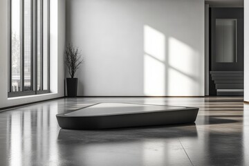 Aufkleber - A spacious industrial-style room with concrete flooring and large windows, featuring a unique, low-lying platform, filled with natural light and raw simplicity.