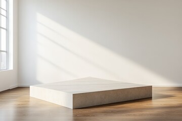 Leinwandbilder - A minimalist room features a sunlit pedestal and wooden flooring surrounded by plain walls, casting gentle shadows enhancing its simplicity and elegance.