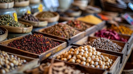 Poster - Market spices and grains displayed in wooden crates