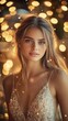 © shelbys - Sexy woman in golden dress poses at party night photo.Fictional Character Created By Generative AI