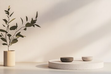 Wall Mural - A minimalistic display features a round pedestal with two small bowls, accompanied by a potted plant with leaves gracefully extending. Soft, natural light creates shadows.