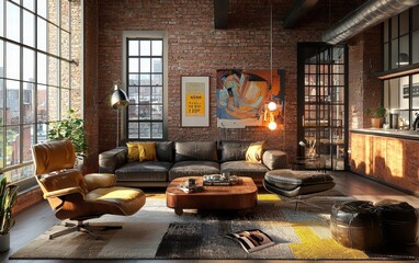 Stylish loft lounge with mid-century modern furniture and bold industrial accents