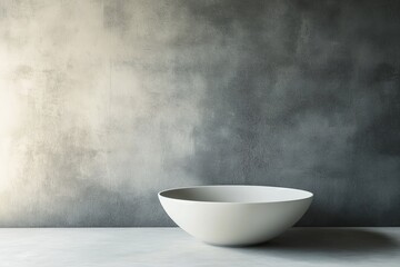 Poster - A sleek, large white bowl is set against a textured grey wall, creating a minimalistic and modern aesthetic with an emphasis on simplicity and elegance in form.