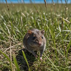 A small, scrappy shrew darting through a field of tall, rippling grass under a bright blue sky.