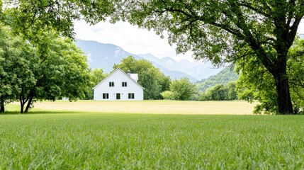 Wall Mural - White farmhouse in a green field with mountains in the background.