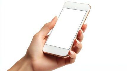 Close up cropped view photo picture of woman's hand holding showing blank empty screen of her smart telephone isolated white color backdrop