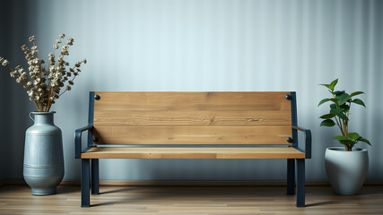 Wall Mural - Modern Industrial Bench in Minimalist Setting: This photo captures a sleek, modern bench with a wooden top and black metal frame, complementing a minimalist interior design.