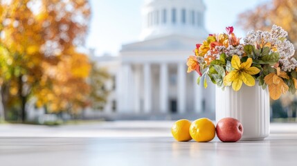 Wall Mural - Autumn flowers in vase, fruit, building background.