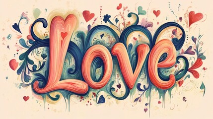 Wall Mural - Colorful Artistic Design Featuring the Word 'Love' Surrounded by Whimsical Floral Elements and Hearts for Romantic Themes and Celebrations