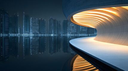 Fototapete - A sleek, modern architectural structure illuminated against a dark urban backdrop, reflecting in calm water, creating a serene atmosphere