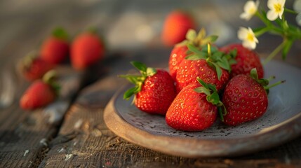 Poster - Fresh strawberries on a wooden plate with natural light