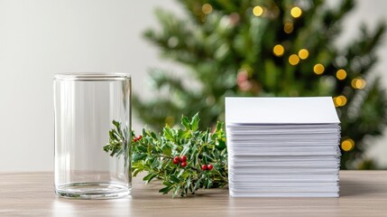 Wall Mural - Empty glass, stack of paper, and holly on a table with a blurred Christmas tree in the background.